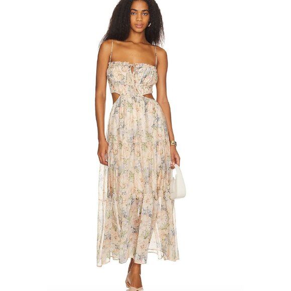 ASTR The Label Odina Smocked Tiered Midi Dress Blue & Peach Floral Size Small - Picture 1 of 5